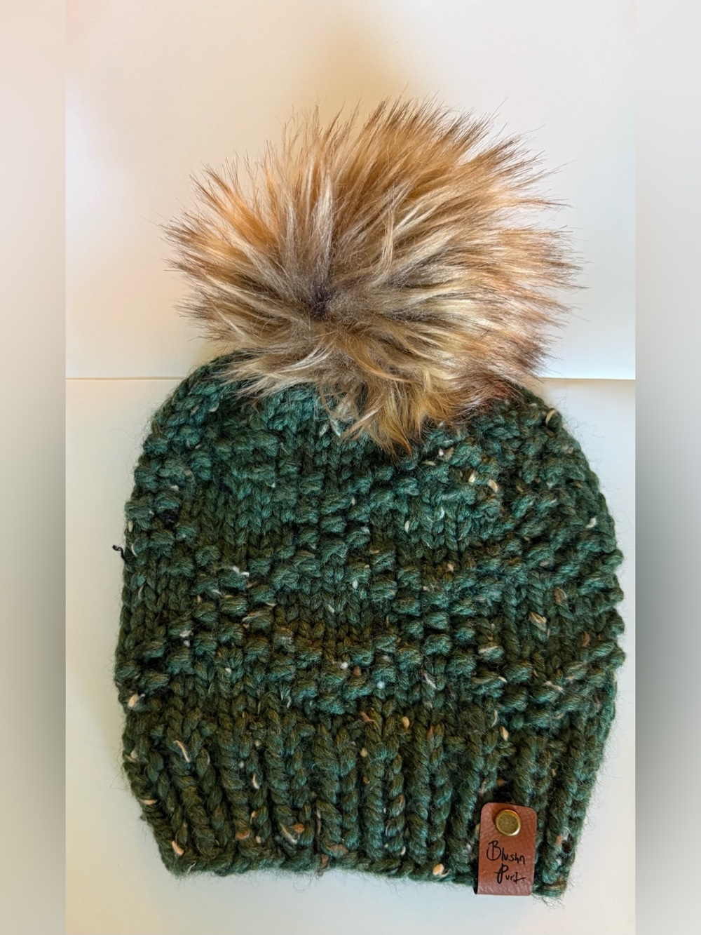 Hand-Knit Green Pom Beanie with Faux Fur Pom
